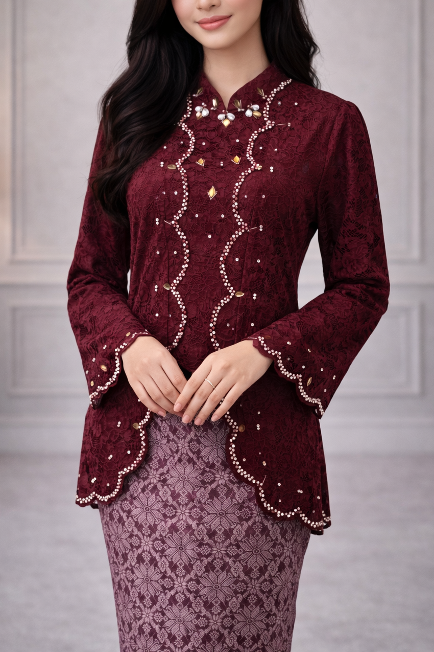 Tyara Luxe Kebaya Set – Burgundy